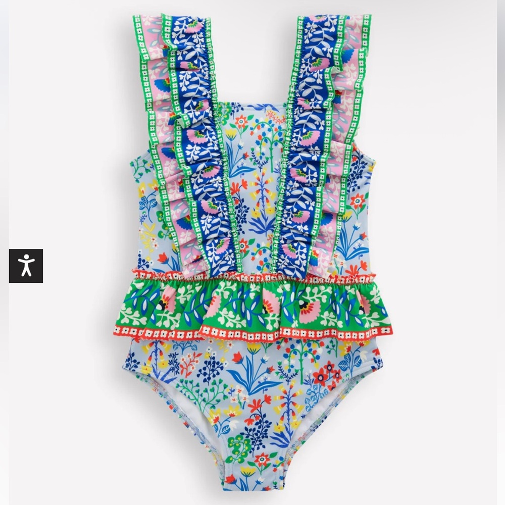 Boden - Frill Peplum Swimsuit Misty Blue Garden Floral